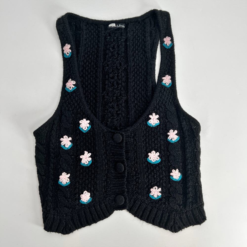 For Love and Lemons Savannah Sweater Vest Womens Medium Black Pink Floral Knit
